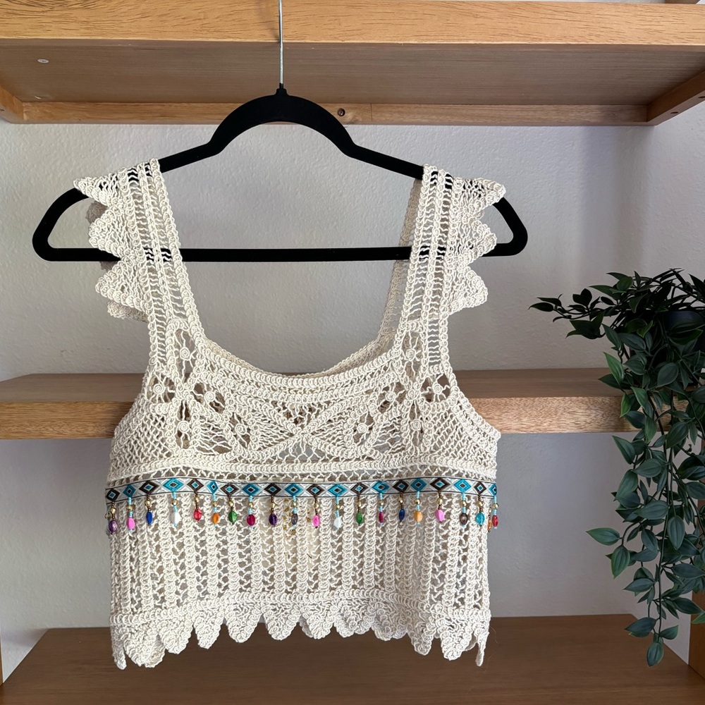 Crochet Ivory Beaded Boho Cropped Knit Tank Top - Picture 3 of 12